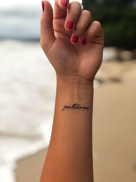 #patience #tattoo #wrist Patience Wrist Tattoo, Patience Tattoo On Hand, Woman’s Wrist Tattoo, One Word Wrist Tattoos, Under Wrist Tattoo, Wrist Tattoo Placement Ideas, Patience Symbol Tattoo, Patience Hand Tattoo, Wrist Text Tattoo