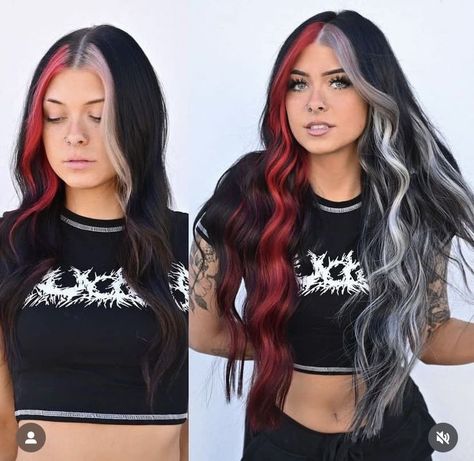 Dyed Hair Split, Aesthetic Hair Styles, Half Colored Hair, Hidden Hair Color, Half Dyed Hair, Color Block Hair, Black Red Hair, Split Dyed Hair, Red Blonde Hair