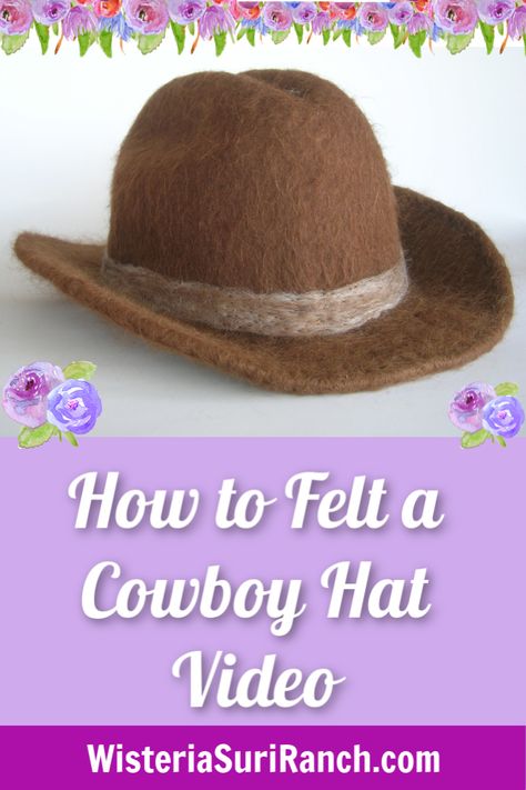 Howdy! Enjoy learning how to felt a Suri alpaca cowboy hat from alpaca roving or batt. It takes patience and practice but you can create some beautiful hats :) This link will take you to my website felted hat tutorial page which has the hat video as well as the resist pattern video. If you have questions, let me know! Have a beautiful day. #felthat #surialpaca #WisteriaSuriRanch #alpacafiber #felttutorial Adjustable Western Felt Hat, Artisan Handmade Felt Hat For Rodeo, Wool Felt Western Hat, Handmade Felt Hat For Rodeo, Cowboy Hat Diy, American Cowboy Hats Felt, Cowboy Hat Pattern, Handmade Felt Hats, Wet Felting Tutorial