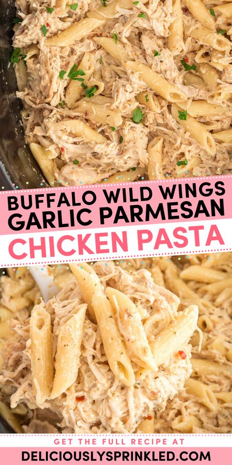 Planning a Valentine's Day dinner for two? Here's a perfect addition to your romantic date night at home! With everything you love about Buffalo Wild Wings, this crockpot garlic parmesan chicken pasta is sure to impress. Variations on this easy slow cooker recipe included! Valentines Dinner Recipes Romantic, Buffalo Wild Wings Parmesan Garlic Pasta, Buffalo Wild Wings Garlic Parmesan Pasta, Crockpot Garlic Parmesan Chicken Pasta, Crockpot Garlic Parmesan Chicken, Wings Garlic Parmesan, Parmesan Garlic Sauce, Buffalo Wild Wings Sauces, Garlic Parmesan Chicken Pasta