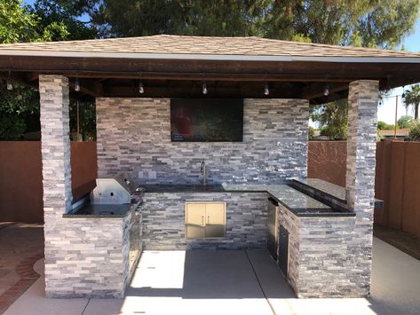 Outdoor Bbq And Bar, Curved Bbq Area, Wood Grill Design, Grill Design Outdoor, Retaining Wall Bbq Area, L Shaped Outdoor Kitchen With Bar, Back Yard Bbq Ideas Grill Area Patio With Pool, Bbq Built Into Retaining Wall, Design Outdoor Kitchen