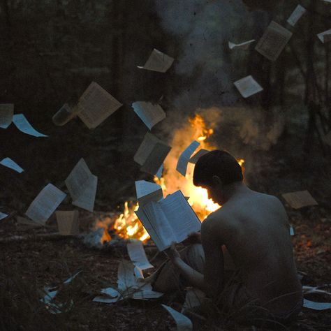 The book burning - guy tossing up book pages - fire - outside - burn - campfire - ground - shirtless - forest Ravenclaw Tower, Alex Stoddard, House Ravenclaw, Book Burning, Ravenclaw Pride, Ravenclaw Aesthetic, Modern Metropolis, Roy Mustang, Diagon Alley