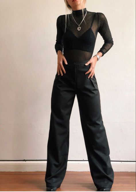 Black Sheer Blouse Outfit, Astrology Outfits, Transparent Shirt Outfit, Sheer Blouse Outfit, Leather Pants Outfit Night, Black Leather Pants Outfit, Haut Transparent, Mesh Outfit, Classy Party