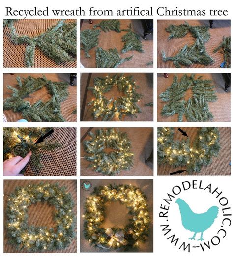 Yesterday I posted the first “re-use” idea for our old rundown artificial Christmas trees, a snowflake.  Here is the second idea, a square wreath: I feel like the bow is a little small, but I just used some left over ribbon and that was all I had of it. Here are the step by step instructions: … Builder Grade Cabinet, Artifical Christmas Tree, Christmas Tree Garland Ideas, Tree Garland Ideas, Old Christmas Tree, Recycled Christmas Tree, Ideas Christmas Tree, Fake Christmas Trees, Faux Christmas Trees