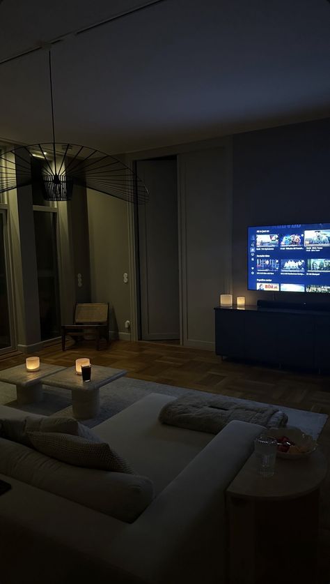 Living Room With Gaming Setup, Zepto Backrounds, Living Room At Night, Solo Apartment, Comfy Apartment, Male Bedroom Ideas, Condo Living Room, Dark Living Rooms, House Design Pictures