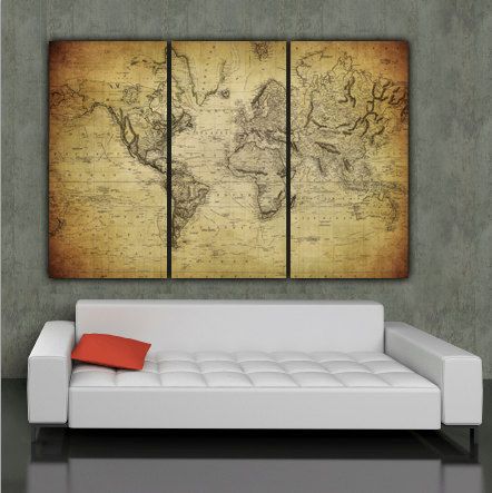 World Map Art on Canvas - Vintage Map set for home or office art. Large wall art, world map canvas, Map print, Wall decor canvas art, poster by HolyCowCanvas on Etsy https://www.etsy.com/listing/227737989/world-map-art-on-canvas-vintage-map-set Vintage Maps Art, Multi Piece Wall Art, Vintage World Map, World Map Art, World Map Canvas, Cow Canvas, World Map Wall Art, World Map Wall, Map Canvas