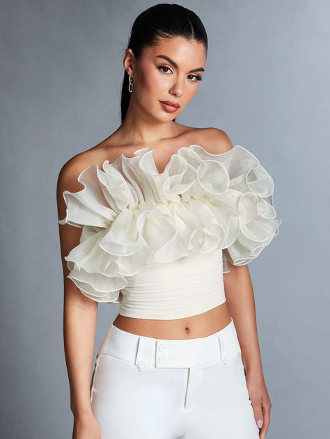 SHEIN BAE Women's Exaggerated Ruffle Trim Bandeau TopI discovered amazing products on SHEIN.com, come check them out! Ruffle Bandeau Top, Chic Crop Top With Ruffles, Chic Bandeau Crop Top With Ruffles, Spring Bandeau Crop Top With Ruffles, Luxury Cropped Ruffle Tops, Chic Off-shoulder Crop Top With Ruffles, Outfit Barbie, Shein Fashion, Brown Hair Roblox