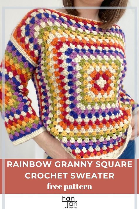 rainbow granny square sweater crochet pattern Granny Square Jumper Pattern, Granny Square Jumper, Crochet Granny Square Sweater, Rainbow Granny Square, Crochet Jumper Pattern, Square Sweater, Crochet Sweater Design, Crochet Sweater Free, Granny Pattern