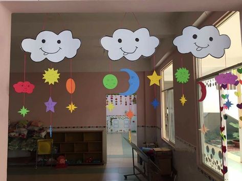 Classroom Roof Hangings, Class Hangings For Preschool, Classroom Roof Decoration, Roof Hanging Decoration For School, Blue Day Decoration In Preschool, Hanging Decorations Diy, Animal Crafts Preschool, Christmas Crafts Sewing, Kindergarten Decorations