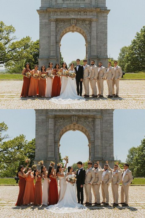 Bridesmaid and Groomsmen Pictures | Bridal Party Wedding Photos | PA Wedding Photographer | Rust, burnt orange, beige, and neutral wedding party inspiration. See more egyptian wedding bridesmaid, bridesmaid and groomsmen colors, mismatched bridesmaid colors, and elegant bridesmaid flowers. Book Katarina for your romantic wedding day in Pennsylvania at katarinacelinephotography.com Rust Colored Bridesmaid Dresses With Groomsmen, Burnt Orange Bridesmaid And Groomsmen, Burnt Orange And Neutral Wedding, Bridal Party Fall Colors, Groomsmen Bridesmaids Color Schemes, Mismatched Bridesmaids And Groomsmen, Copper Bridal Party, Bridesmaid And Groomsmen Colors Colour Palettes, Burnt Orange And Tan Wedding