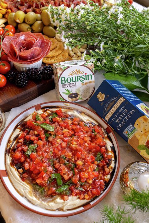 Bruschetta Dip With Boursin, Cheesy Bruschetta Dip, Boursin Cheese Bruschetta Dip, Boursin Bruschetta Dip, Bruchetta Appetizers Dip, French Baguette Recipe Appetizers, Boursin Bruschetta, Boursin Dip Recipes, Boursin Cheese Dip Recipes