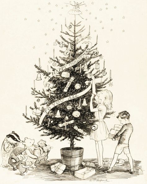 E. H. Shepard’s 1946 illustration for Christmas. Vintage Christmas Tree Drawing, Vintage Christmas Illustration, Images Victoriennes, Christmas Sketch, Japan Illustration, 동화 삽화, Large Jar, T Art, Book Illustrations