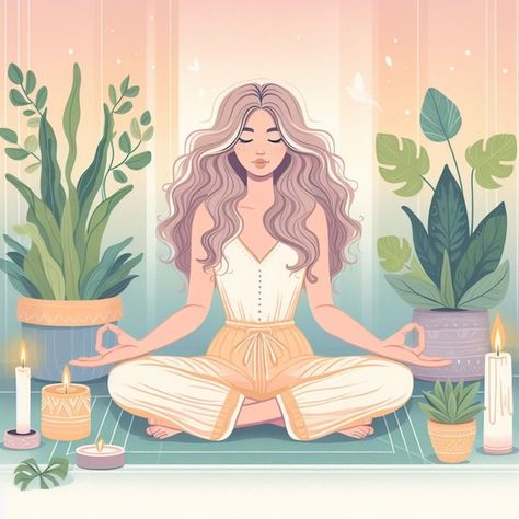 Meditating Woman Art, Yoga And Meditation Aesthetic, Aesthetic Yoga Pictures, Meditation Illustration Art, Yoga Illustration Art, Meditating Pose, Person Meditating, Meditation Pictures, Meditation Aesthetic