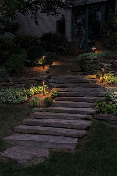 Stepping Stone Walkways, Terraced Landscaping, Backyard Barn, Led Landscape Lighting, Railings Outdoor, Outdoor Stone, Stone Walkway, Garden Steps, Stair Lighting