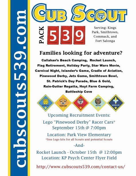 Recruitment Flyer, Tiger Scouts, Wolf Scouts, Cub Scout Activities, Scout Crafts, Lego Kits, Banquet Ideas, Free Lego, Scout Activities