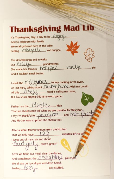 Need a quick & easy activity to do at your Thanksgiving gathering? This mad lib is fun for many ages + good for keeping people entertained while waiting for food Thanksgiving Mad Libs, Thanksgiving Mad Lib, Thanksgiving Lunch, Thanksgiving Word Search, Thanksgiving Games For Kids, Thanksgiving Gathering, Thanksgiving Classroom, Thanksgiving Activity, Thanksgiving Words