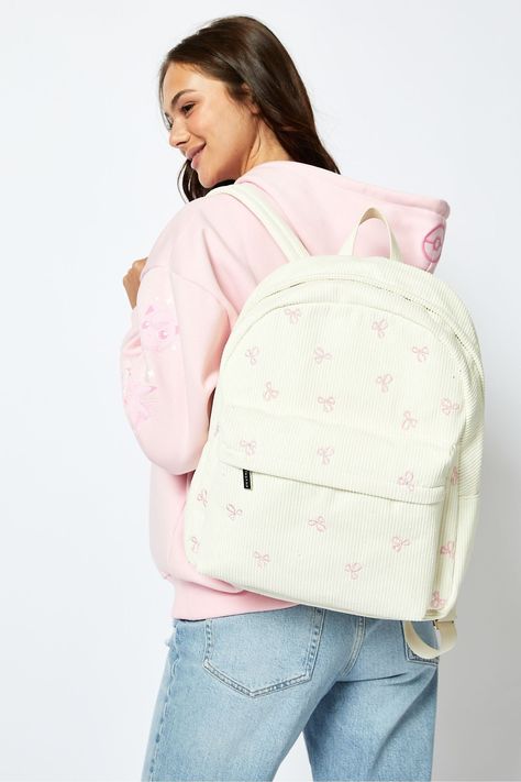 100% Polyester.Womens Bow Embroidered Backpack in Cream -  white Polyester Women > Bags Trending Backpacks 2024, Coquette Doodles, Uni Essentials, University Essentials, Braces Girls, Summer Wishlist, London Accessories, Embroidered Backpack, 5th Class