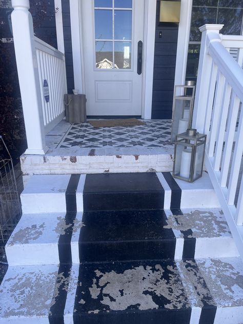 Cement Front Porch Makeover, Cement Front Porch, Front Stoop Ideas, Medicine Cabinet Makeover, Softball Tournament, Painting Cement, Royal Design Studio Stencil, Front Porch Makeover, Front Stoop