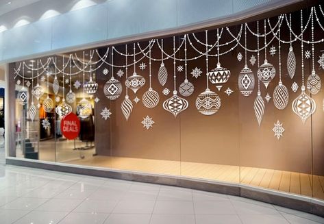 Christmas Retail Displays: 43 Creative Ideas & Examples Christmas Window Vinyl Ideas, Christmas Decoration Store, Christmas Window Display Retail, Christmas Window Art, Ornaments Template, Window Decoration Ideas, Square Signs, Christmas Retail, Painted Window Art