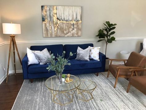 Mistana Derry Sofa & Reviews | Wayfair Navy And Gold Living Room Inspiration, Navy Blue Couch Living Room Decor, Blue Couch Living Room Ideas, Navy Sofa Living Room, Blue And Gold Living Room, Blue Couch Living, Blue Sofa Living, Blue Sofas Living Room, Velvet Sofa Living Room