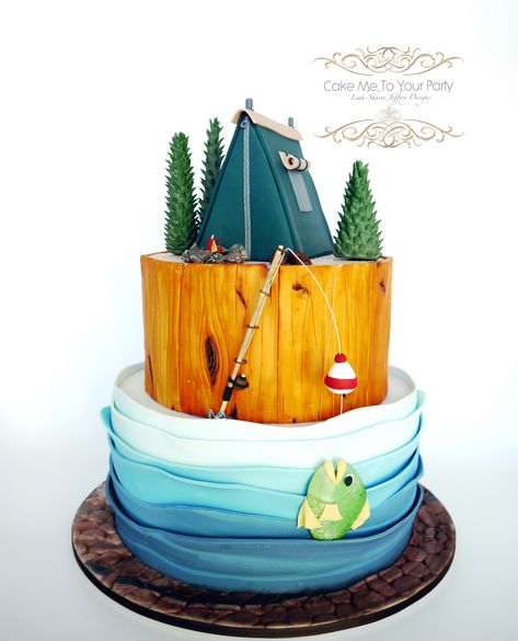 Camping/Fishing Cake | For Dylan's 21st party, Tammy wanted a cake to express her son's favourite past times- fishing and camping! Chocolate Mud Cake filled with choc/orange buttercream. Camping Cake Ideas For Men, Camping Cake Ideas, Camp Cake, Fishing Birthday Cake, Fishing Birthday Party Boys, Camping Birthday Cake, Tent Cake, Camping Cake, Fish Cake Birthday