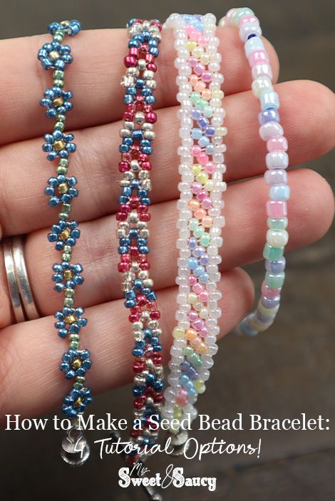 How to Make a Seed Bead Bracelet: 4 Tutorial Options - My Sweet and Saucy How To Make Simple Beaded Bracelets, Seed Beads Design, Patterns For Beaded Bracelets, Bracelets With Square Beads, Making Seed Bead Bracelets, Weaved Beaded Bracelets, Seed Bead Weaving Tutorial, Bead Seed Bracelet, Seed Bead Bracelet Aesthetic