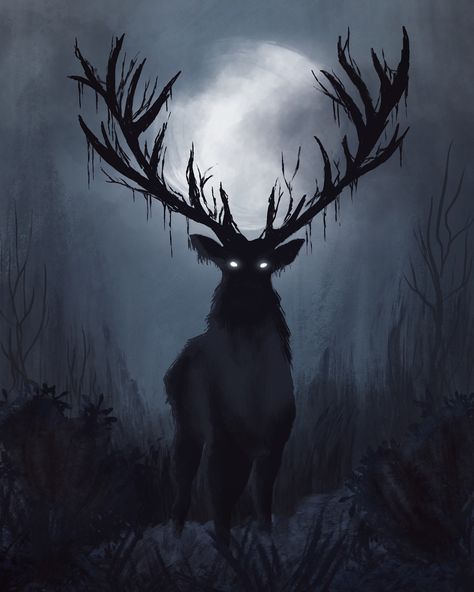 Creepy Deer Drawing, Deer Horror Art, Deer In Forest Drawing, Mystical Forest Creatures, Scary Animal Drawings, Skinwalker Aesthetic, Forest Monster Art, Izzie Core, Krampus Drawing