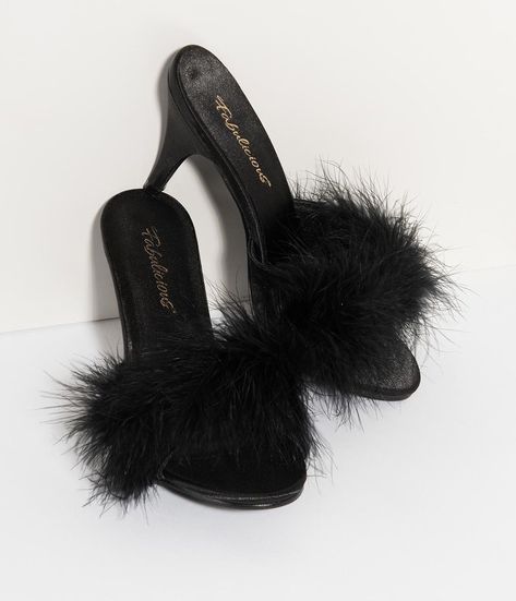 1950s Fashion Shoes, Rockabilly Shoes, Fluffy Heels, Pin Up Shoes, Feather Heels, Fur Heels, Satin Noir, Black Slippers, High Heel Slippers