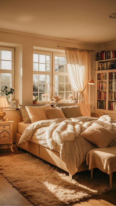 Cozy bedroom with a sunlit bed, fluffy blankets, a nightstand, and a bookshelf. Hygge Interior Design Bedroom, Cozy Cream Bedroom, Neutral Warm Bedroom Aesthetic, Brown Aesthetic Bedroom Ideas, Bed Cozy Aesthetic, Bedroom Ideas Minimalist Cozy, Cozy Clean Bedroom, Neutral Color Palette Bedroom, Cozy Bedroom White