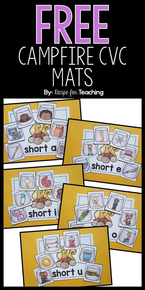 Short Vowel Picture Cards Free, Camping Centers Kindergarten, Camping Reading Activities, Camping Themed Literacy Night, Family Literacy Night Camping Theme, Cvc Picture Cards Free, Camping Theme Kindergarten Activities, Short Vowels Activities, Camping Arts And Crafts