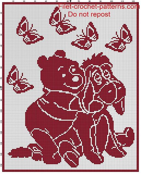 Baby blanket Winnie the Pooh filet crochet pattern                                                                                                                                                                                 More Zig Zag Crochet, Cross Stitch Silhouette, Fillet Crochet Patterns, Filet Crochet Charts, Crochet Disney, Fillet Crochet, Baby Afghan, Afghan Crochet, Crochet Bookmarks