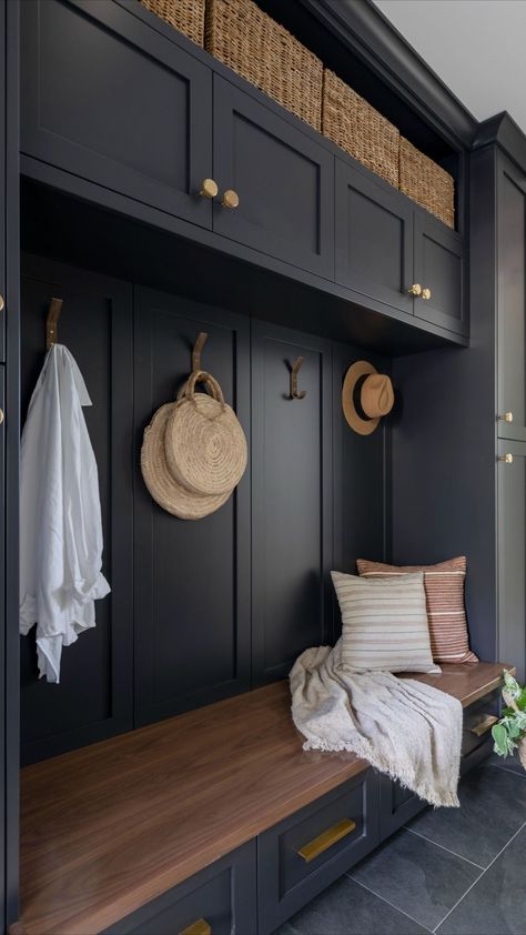 Black Mud Room Cubbies, Mudroom Seating And Storage, Dark Mudroom Floor, Deep Mudroom Bench, Storage Bench In Mudroom, Mudroom Dark Floor, Tile Flooring Laundry Room, Black Floor Mudroom, Black And Wood Mudroom