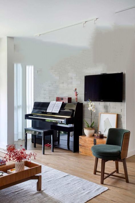 Piano And Tv In Living Room, Piano Tv Living Room, Piano Next To Tv, Pianino In Living Room, Piano Living Room Ideas, Piano And Tv On Same Wall, Piano Under Tv, Tv Above Piano, Tv Over Piano