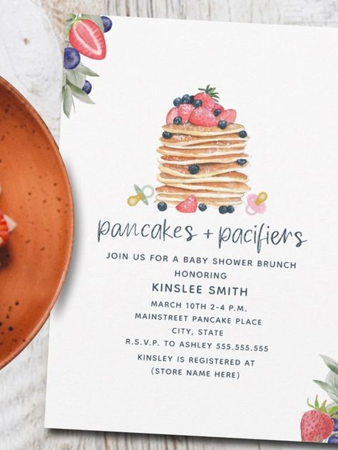 Pancakes And Pacifiers Brunch Baby Shower Invitation
Brunch baby shower "pancakes and pacifiers" theme featuring watercolor Inspired Illustration of a stack of pancakes topped with strawberries and blueberries. Strawberry and blueberry botanical designs in corners! #babyshower #babyshowersgifts #babyshowercards #babyshowerparty #newborn #pancakes Brunch Baby Shower Invitation, Stack Of Pancakes, Strawberries And Blueberries, Pancakes And Pajamas, Inspired Illustration, Sprinkle Baby Shower, Summer Baby Shower, Baby Shower Brunch