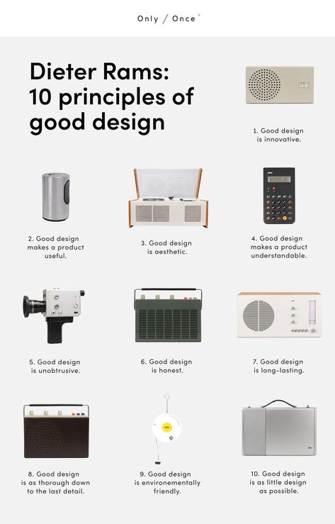 Dieter Rams 10 principles of good design have become iconic and have inspired designers across the world. - Born in Wiesbaden on May 20, 1932, Dieter Rams soon made a name for himself in the field of industrial design. Over the course of half a century, he has developed more than 500 products ranging from audio to furniture. – Read all principles and shop Braun products from Dieter Rams & co. at Only / Once shop. Braun Dieter Rams, Dieter Rams Design, What Is Design, Braun Design, Furniture Design Inspiration, Prototype Design, Industrial Design Furniture, Dieter Rams, Industrial Design Sketch