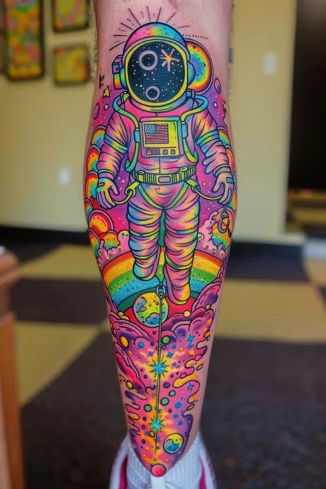 Discover the awe-inspiring world of astronaut tattoos! From minimalist designs to intricate sleeves, explore unique astronaut tattoo ideas that capture the wonder of space exploration. Whether you're seeking a simple, small astronaut tattoo or a detailed celestial masterpiece, find inspiration for your next cosmic ink with these out-of-this-world designs. Boldly express your love for space and adventure with an astronaut tattoo design that will leave you feeling like you're floating among the st Multiverse Tattoo, Simple Astronaut Tattoo, World Tattoos For Women, Lisa Frank Tattoo Ideas, Bright Color Tattoos For Women, Color Sleeve Tattoo Women, Space Tattoos Colorful, Small Astronaut Tattoo, Astronaut Tattoo Design