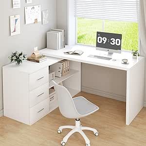 HSH White L-Shaped Computer Desk with 3 Drawers and 2 Shelves, Reversible Home Office Corner Desk for Writing Study Work Executive, 55 Inch Bedroom Wood Table Workstation Desk with Storage Cabinet Boy Desk, Home Office Corner Desk, White L Shaped Desk, Small Bedroom Office, Office Corner Desk, White Corner Desk, Home Office Corner, Small Bedroom Interior, Office Corner