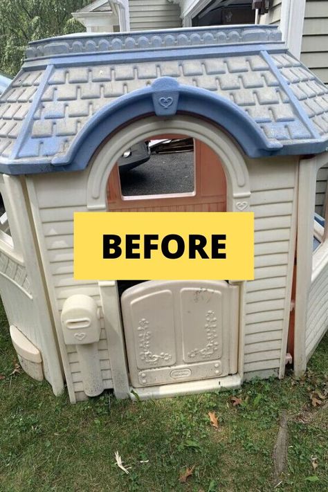 Give your old plastic little tikes playhouse a fall update. Check out the before and after of this outdoor playhouse upcycle on a budget. #hometalk Plastic Playhouse Makeover, Little Tikes Playhouse Makeover, Kids Playhouse Makeover, Little Tikes Makeover, Diy Kids Playhouse, Playhouse Decor, Plastic Playhouse, Playhouse Makeover, Kids Playhouse Outdoors