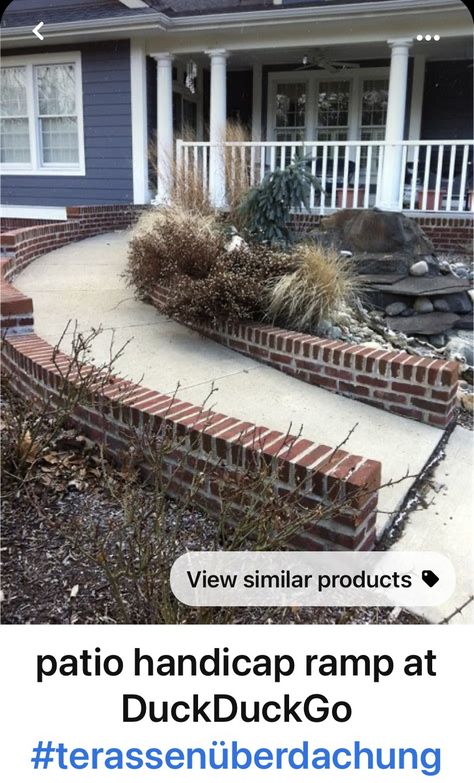 Landscaped Ramps, Accessible Front Porch, Front Porch Wheelchair Ramp Ideas, Front Porch Ramp Ideas, Brick Ramp Front Porches, Wheelchair Accessible Patio, Front Door Ramp Entrance, Concrete Wheelchair Ramps For Home, Concrete Ramp Walkway