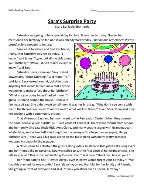 This Reading Comprehension Worksheet - Sara's Surprise Party is for teaching reading comprehension. Use this reading comprehension story to teach reading comprehension. Fourth Grade Reading, Phonics Reading Passages, Teaching Reading Comprehension, English Stories For Kids, The Fates, English Short Stories, Reading Comprehension Lessons, Have Fun Teaching, Essay Writing Skills