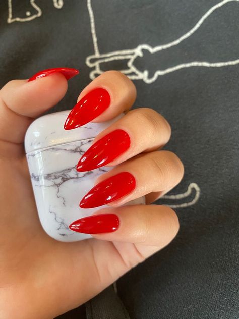 Big Apple Red Almond Nails, Red Or Pink Nails, Red Nails Stiletto Almond, Candy Apple Red Nails Acrylic, Bright Cherry Red Nails, Long Almond Red Nails, Red Stiletto Nails Short, Red Nail Almond, Red Long Almond Nails