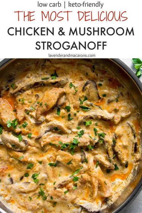 This INCREDIBLY delicious Chicken And Mushroom Stroganoff is going to become your favorite go-to recipe for when you need a yummy dinner as soon as possible. Very easy to make and requiring just a handful of ingredients, this quick recipe is inspired by scrumptious Eastern European cuisine. This simple yet fancy recipe uses Shiitake mushrooms, however you can use Cremini or Portobello mushrooms as well. Low carb and keto friendly too. Enjoy! #lavenderandmacarons #chickendinner #dinners Chicken And Mushroom Stroganoff, Chicken Mushroom Stroganoff, Chicken Stroganoff, Chicken And Mushroom, Mushroom Stroganoff, Chicken Mushroom, Stroganoff Recipe, Shiitake Mushrooms, European Cuisine