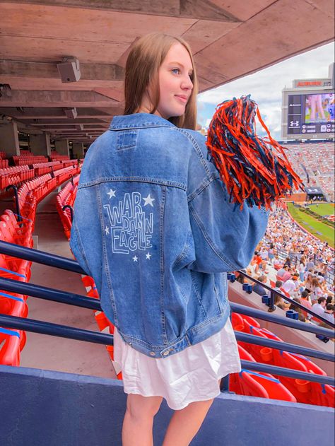 Game Day Denim Jacket, Jean Jacket Football, Auburn Game Day, Denim Styling, College Game Day, College Game Days, Game Outfit, Football Game Outfit, Game Day Outfit