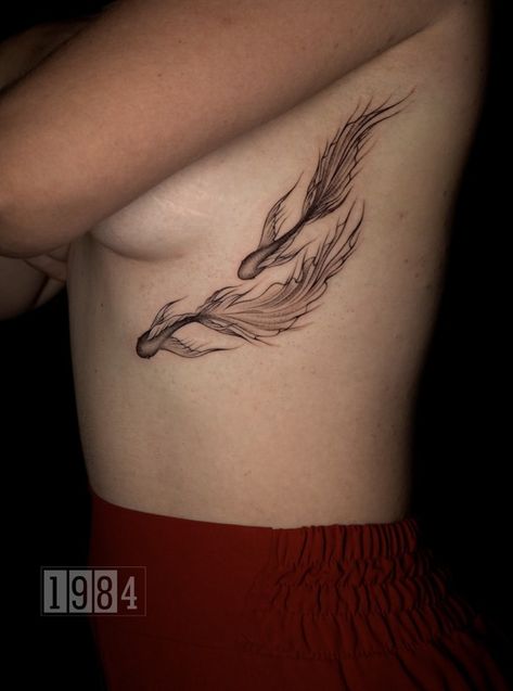 The Meaning Behind Koi Fish Tattoo | 1984 Studio - Tattoo & Piercing Koi Fish Tattoo On Ribs, Coy Fish Tattoos, Koi Fish Tattoos, Goldfish Tattoo, Beachy Tattoos, Upper Thigh Tattoos, Koi Tattoo Design, Tattoo Process, Studio Tattoo