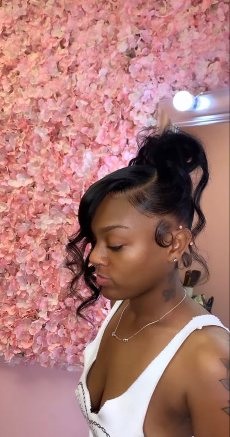 Swoop Bun Straight Hair, Side Bangs With Bun Black Women, Side Part Hairstyles For Black Women Bun, Bun Updo With Bangs For Black Women, Bun With Curled Bangs Black Women, Swoop Into A Bun, 2 Bangs Ponytail Weave, Top Not Bun With Swoop, Prom Bun Black Women