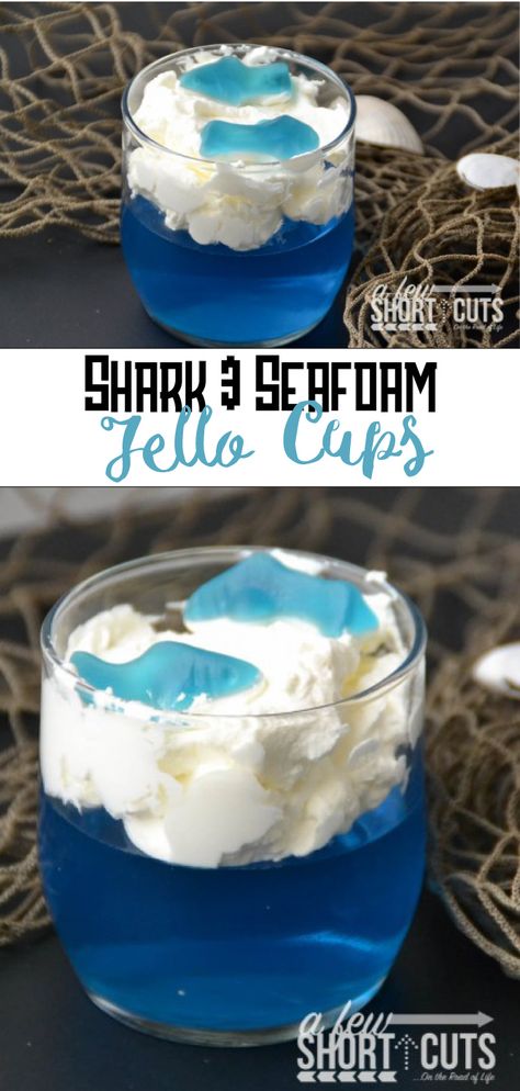 Looking for a quick & easy shark week treat? Check out these Seafood & Shark Jello Cups. Such a cute snack idea for any ocean or shark week party. Nemo Desserts, Shark Baby Shower Theme, Shark Jello Cups, Shark Jello, Shark Cake Ideas, Jello Ideas, Shark Baby Shower, Shark Week Party, Jello Cups