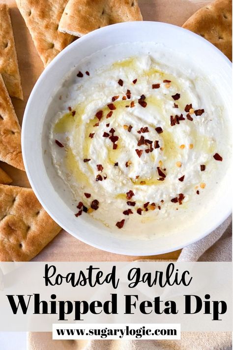 Garlic Whipped Feta, White Party Foods, Whipped Feta Dip, Feta Recipes, Feta Dip, Whipped Feta, Pita Chips, Garlic Recipes, Mediterranean Dishes