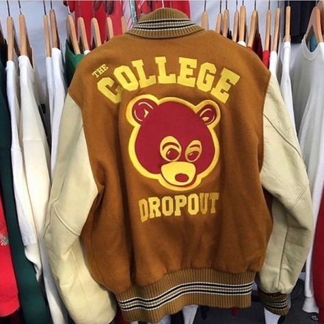 See Reverse For Care 🥂 on Instagram: “Sample “The College Dropout” Varsity Jacket 🐻 (2004)” Kanye West Jacket, Kanye Merch, Kanye West Sweatshirt, Kanye West Outfits, Kanye West Style, College Dropout, Rap Tee, Cute Comfy Outfits, Sneakers Outfit