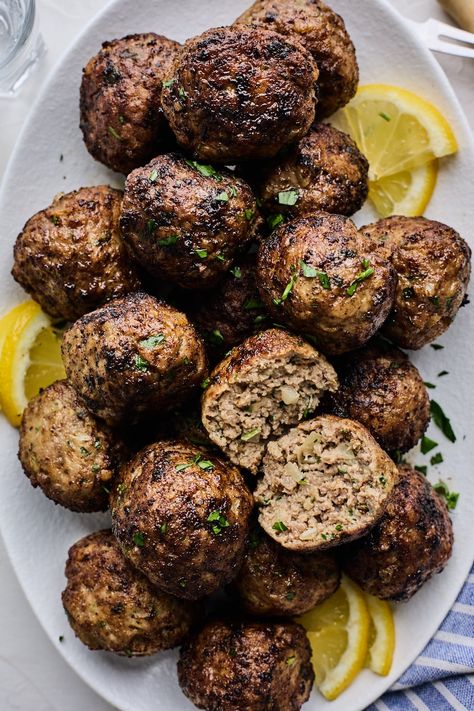 Keftedes (Easy Greek Meatballs Recipe) | Olive & Mango Greek Style Meatballs, Keftedes Recipe Greek Meatballs, Meatball Recipes Appetizer, Baked Greek Meatballs, Keftedes Recipe, Meatball Dish, Greek Meatballs Recipe, Turkish Meatballs, Greek Dinner