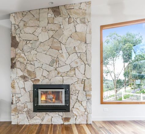 Crackenback sandstone walling                                                                                                                                                                                 More Eco Outdoor, Stone Feature Wall, Small Fire Pit, Natural Stone Fireplaces, Stone Wall Cladding, Wall Feature, Small Fireplace, Fire Places, Rock Fireplaces